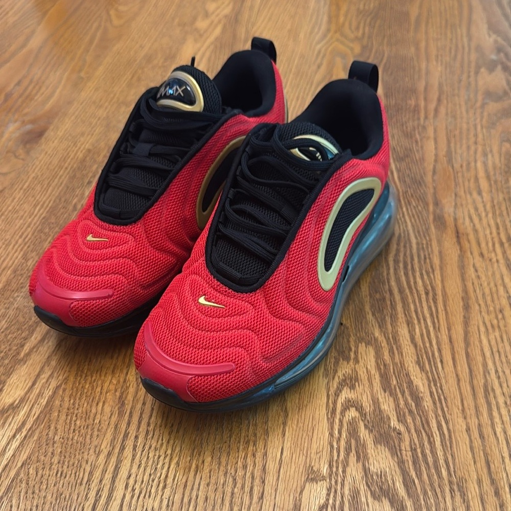 Nike Air Max 720 Red Gold Black Athletic Shoes (CU4871-600) women’s size 7.5